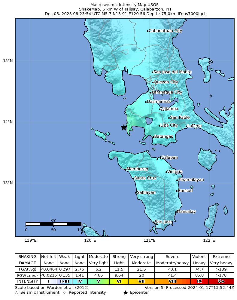 USGS ShakeMap intensity contours for the M5.7 earthquake near 6 km W of Talisay, Philippines