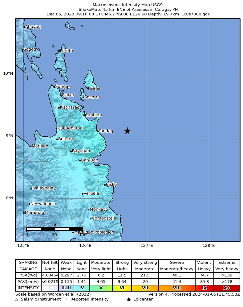 USGS ShakeMap intensity contours for the M5.7 earthquake near 45 km ENE of Aras-asan, Philippines