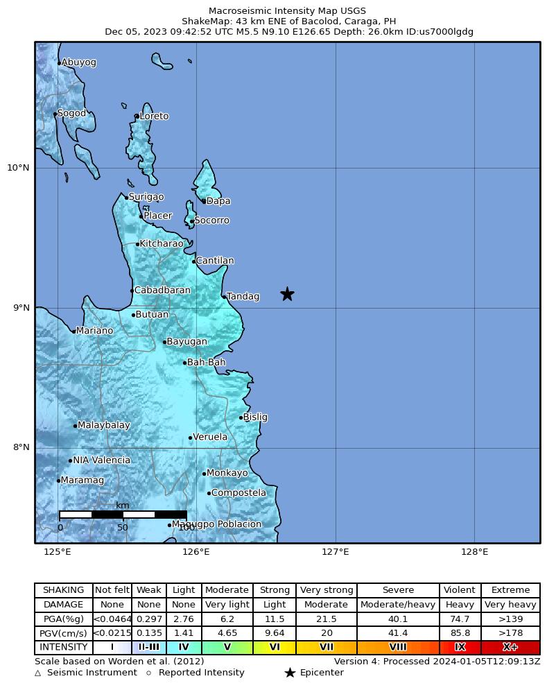 USGS ShakeMap intensity contours for the M5.5 earthquake near 43 km ENE of Bacolod, Philippines