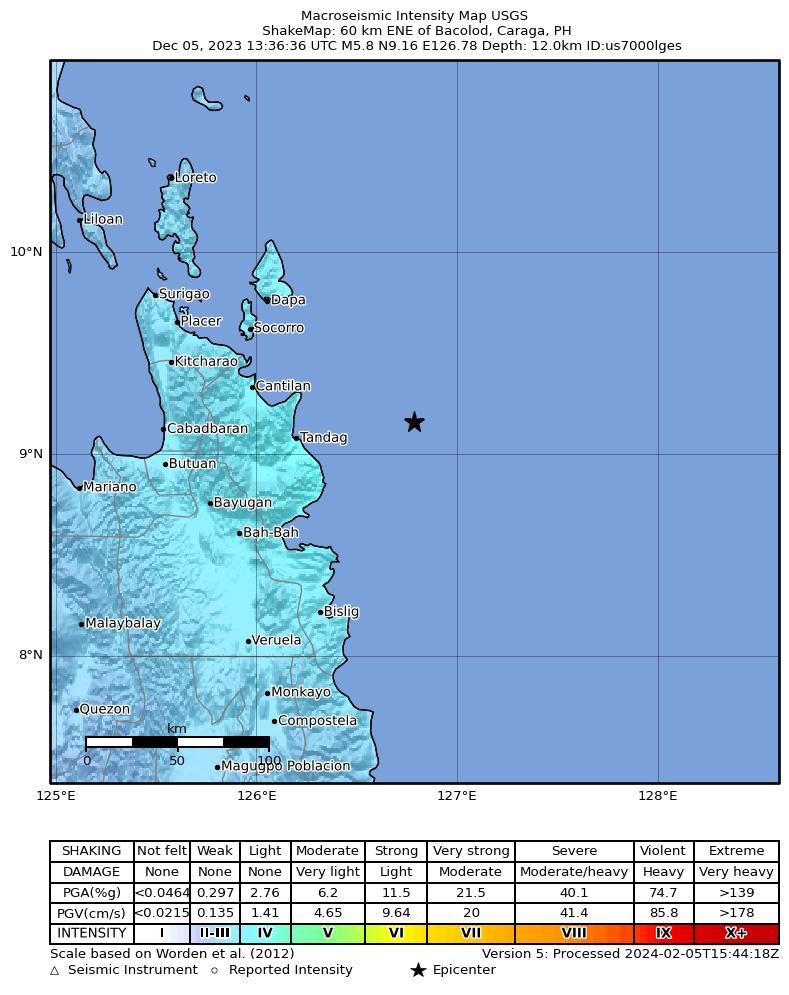 USGS ShakeMap intensity contours for the M5.8 earthquake near 60 km ENE of Bacolod, Philippines