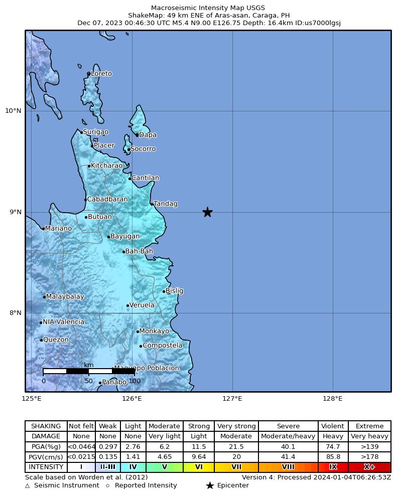 USGS ShakeMap intensity contours for the M5.4 earthquake near 49 km ENE of Aras-asan, Philippines