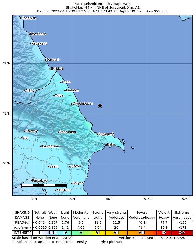 USGS ShakeMap intensity contours for the M5.4 earthquake near 44 km NNE of Şuraabad, Azerbaijan