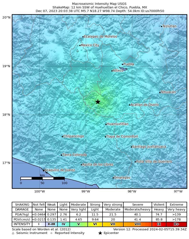 USGS ShakeMap intensity contours for the M5.7 earthquake near 12 km SSW of Huehuetlan el Chico, Mexico