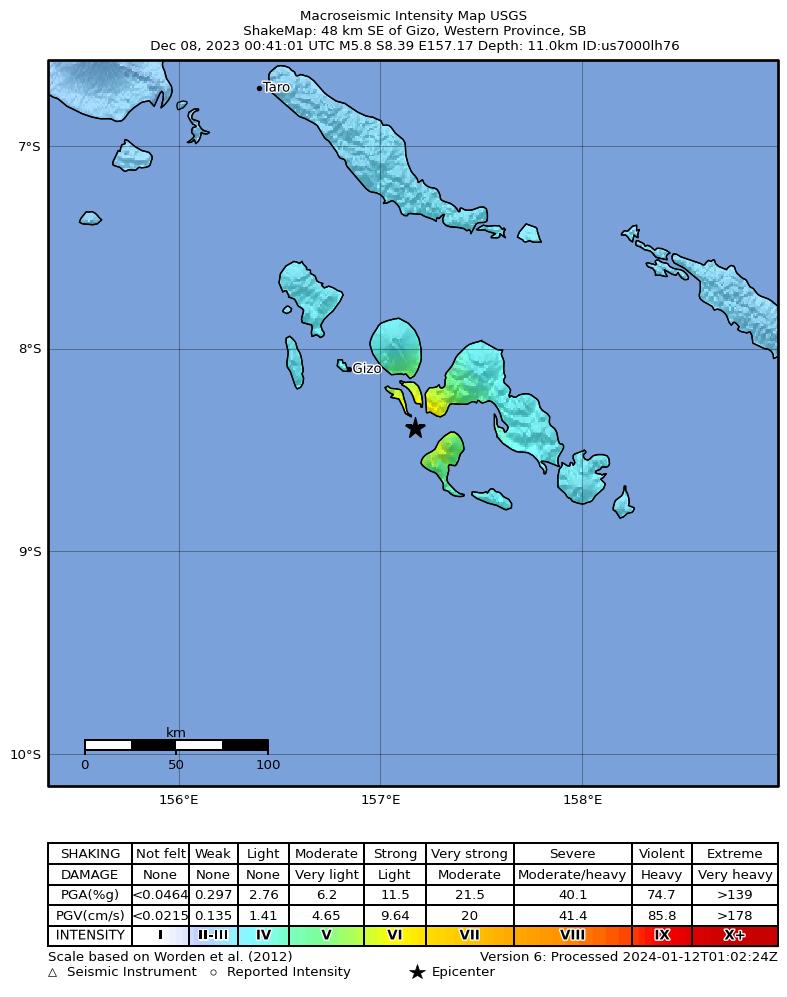 USGS ShakeMap intensity contours for the M5.8 earthquake near 48 km SE of Gizo, Solomon Islands