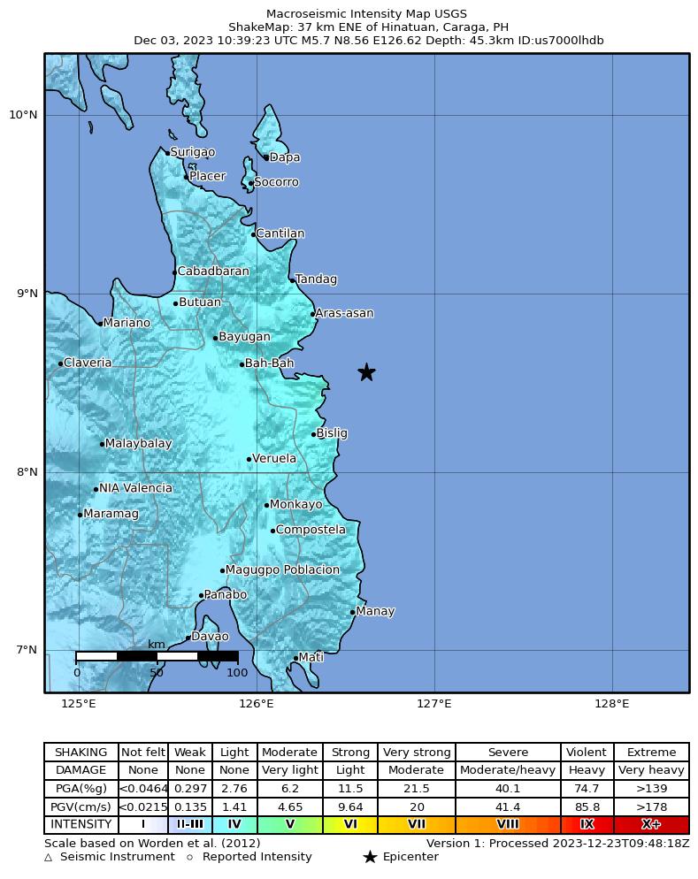 USGS ShakeMap intensity contours for the M5.7 earthquake near 37 km ENE of Hinatuan, Philippines