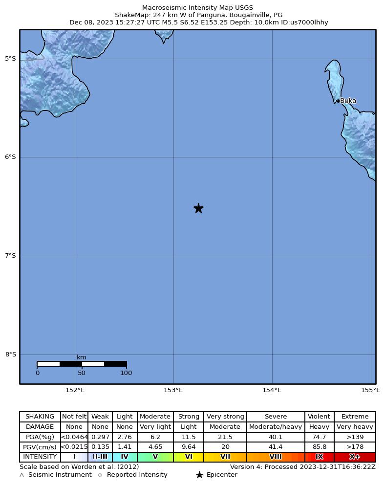USGS ShakeMap intensity contours for the M5.5 earthquake near 247 km W of Panguna, Papua New Guinea
