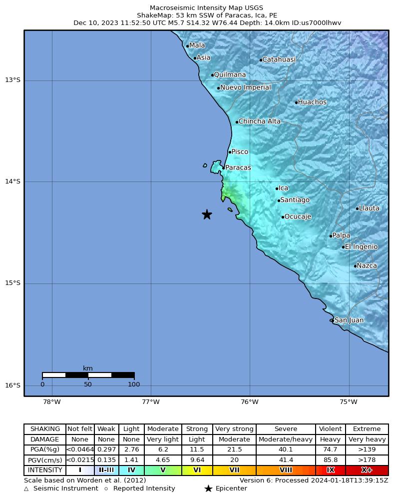 USGS ShakeMap intensity contours for the M5.7 earthquake near 53 km SSW of Paracas, Peru