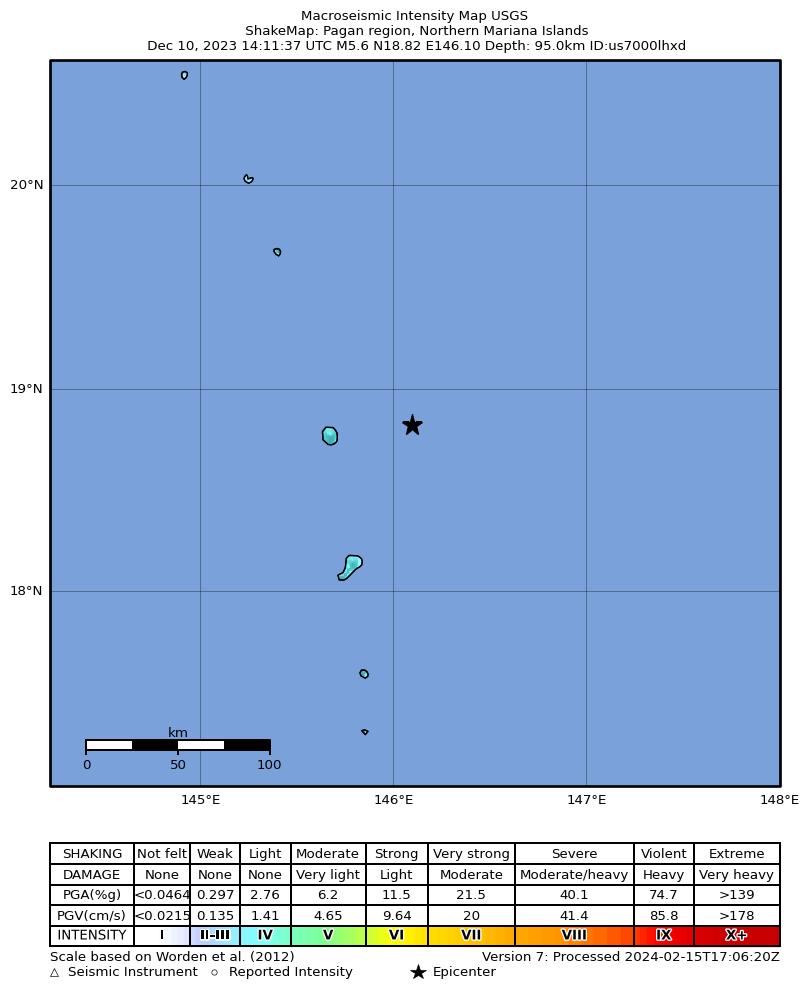 USGS ShakeMap intensity contours for the M5.6 earthquake near Pagan region, Northern Mariana Islands