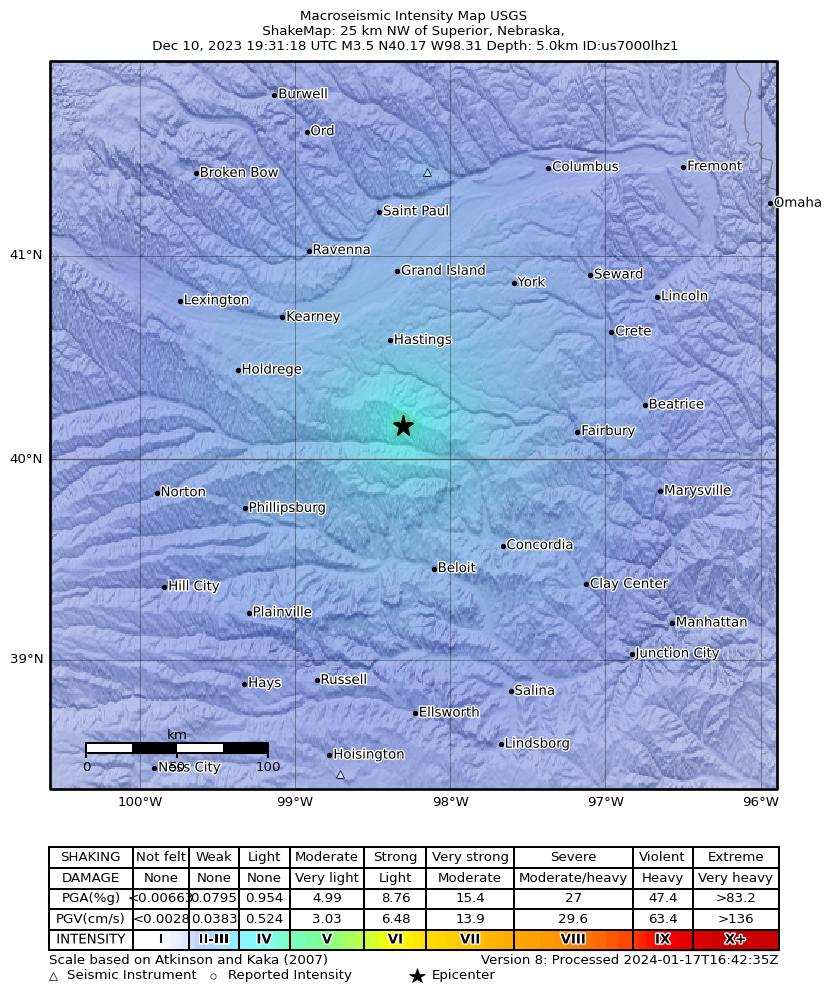 USGS ShakeMap intensity contours for the M3.5 earthquake near 10 km NNE of Guide Rock, Nebraska