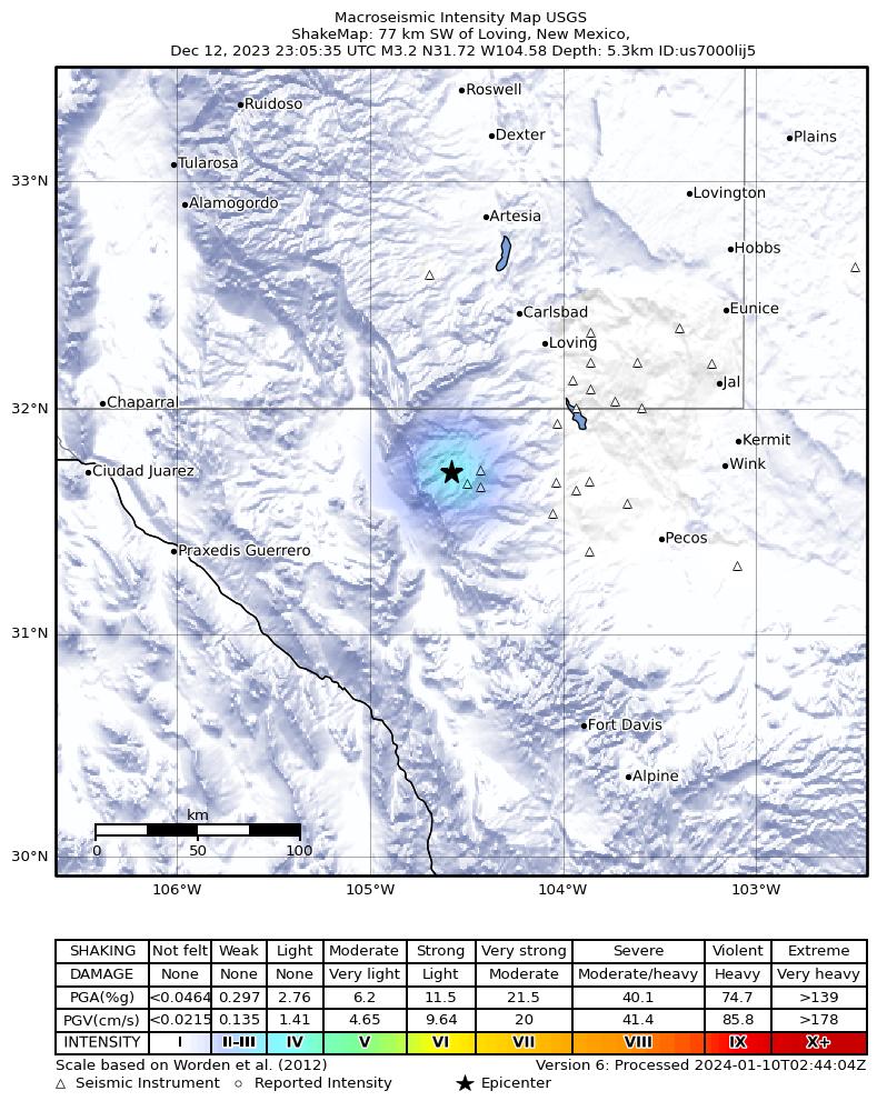USGS ShakeMap intensity contours for the M3.3 earthquake near 51 km SSW of Whites City, New Mexico