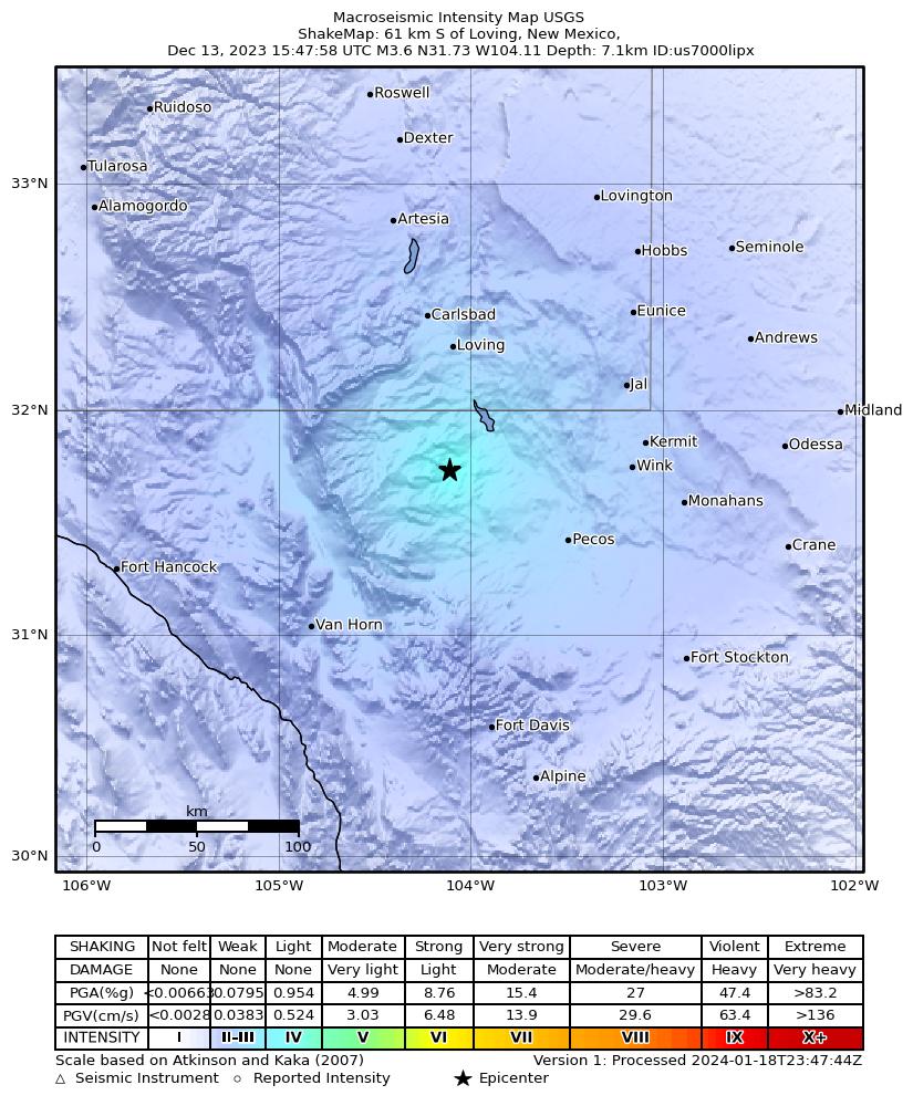 USGS ShakeMap: estimated shaking intensity around the epicenter