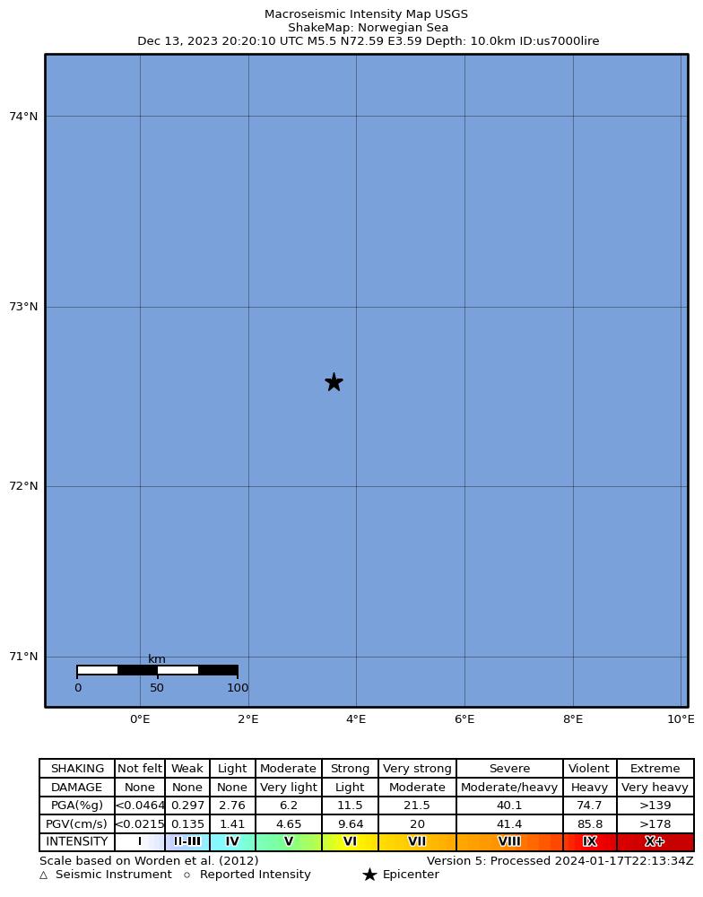 USGS ShakeMap intensity contours for the M5.5 earthquake near Norwegian Sea