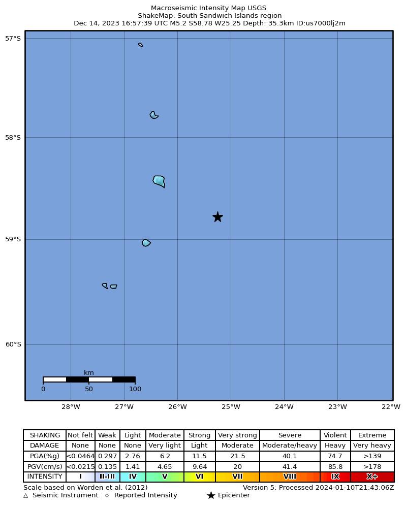 USGS ShakeMap intensity contours for the M5.2 earthquake near South Sandwich Islands region