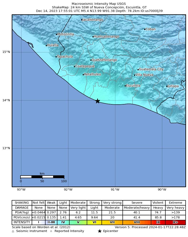 USGS ShakeMap intensity contours for the M5.4 earthquake near 24 km SSW of Nueva Concepción, Guatemala