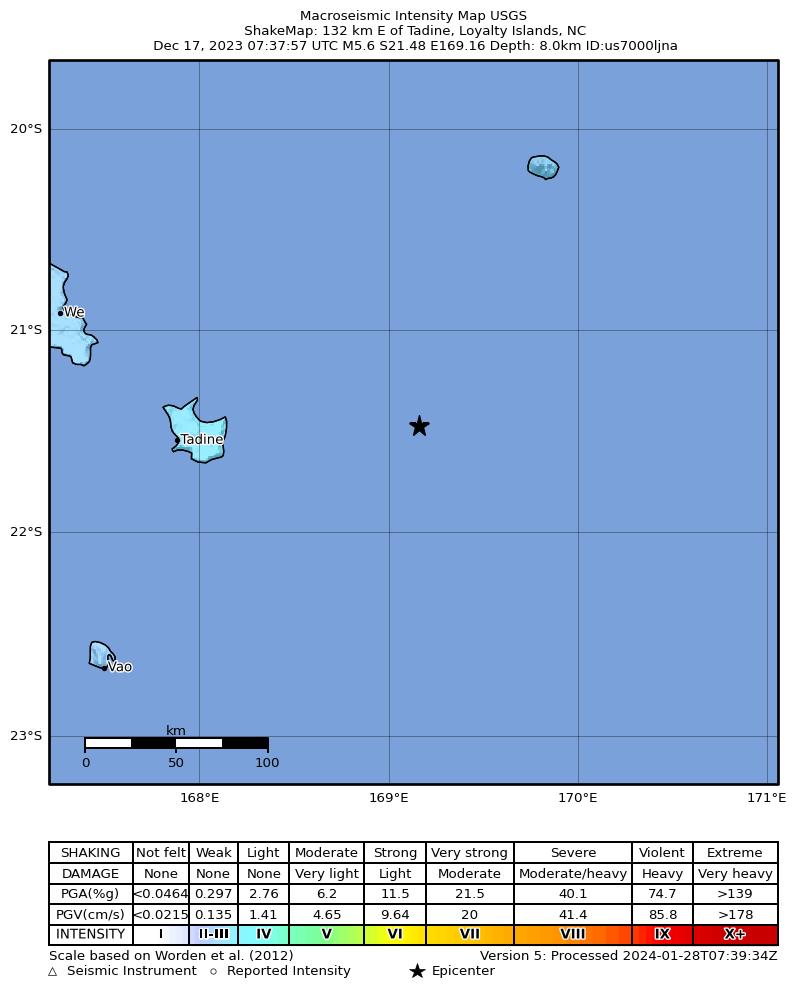 USGS ShakeMap intensity contours for the M5.6 earthquake near 132 km E of Tadine, New Caledonia