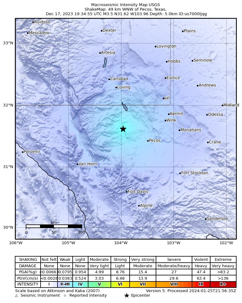 USGS ShakeMap intensity contours for the M3.9 earthquake near 36 km WSW of Mentone, Texas