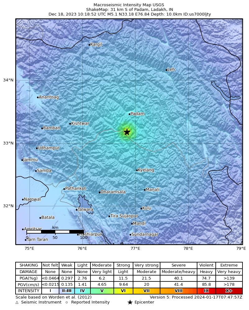 USGS ShakeMap intensity contours for the M5.1 earthquake near 31 km S of Padam, India