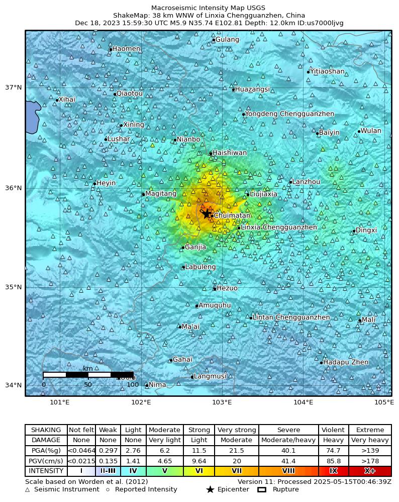USGS ShakeMap intensity contours for the M5.9 earthquake near 38 km WNW of Linxia Chengguanzhen, China