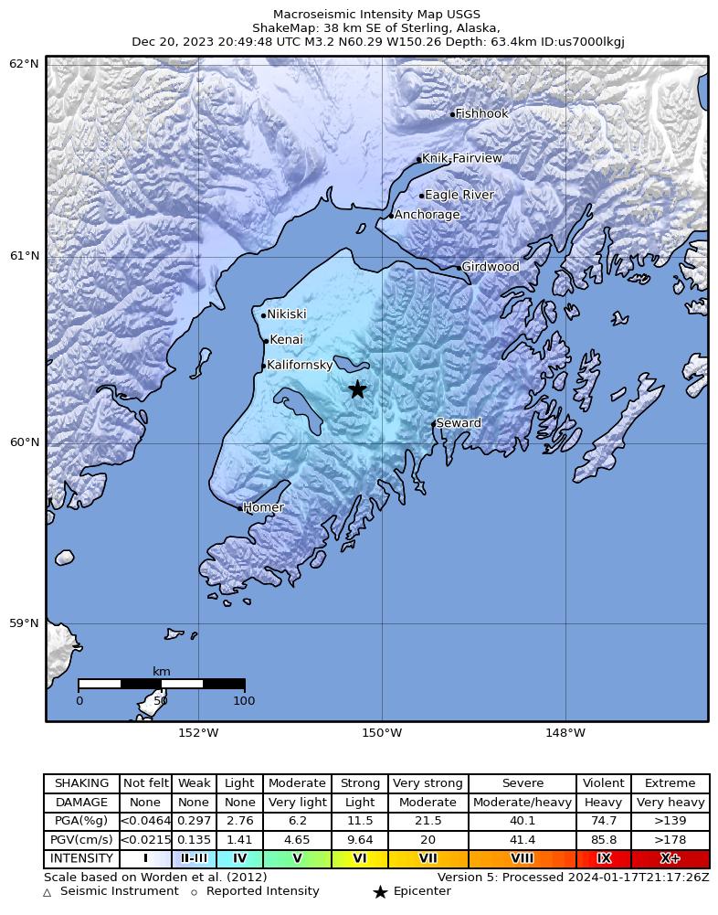 USGS ShakeMap intensity contours for the M3.0 earthquake near 30 km SE of Funny River, Alaska
