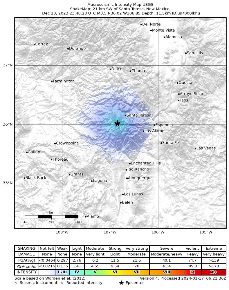 USGS ShakeMap intensity contours for the M3.5 earthquake near 9 km E of Cuba, New Mexico