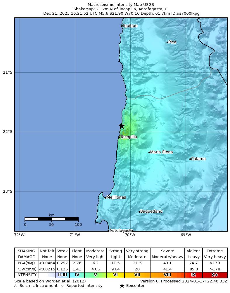 USGS ShakeMap intensity contours for the M5.6 earthquake near 21 km N of Tocopilla, Chile
