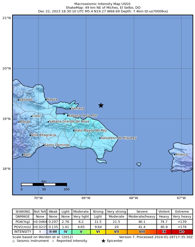USGS ShakeMap intensity contours for the M5.3 earthquake near 65 km NE of Samaná, Dominican Republic