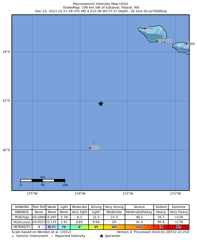 USGS ShakeMap intensity contours for the M5.4 earthquake near 102 km NNE of Hihifo, Tonga