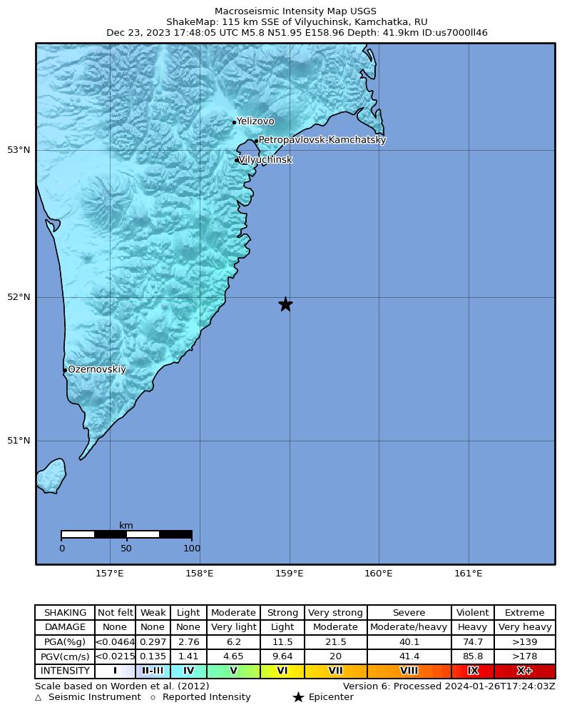 USGS ShakeMap intensity contours for the M5.8 earthquake near 115 km SSE of Vilyuchinsk, Russia
