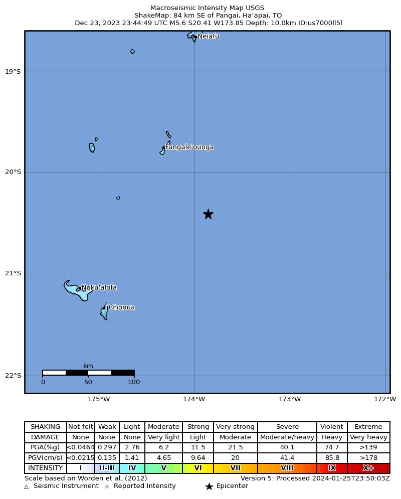 USGS ShakeMap intensity contours for the M5.6 earthquake near 84 km SE of Pangai, Tonga
