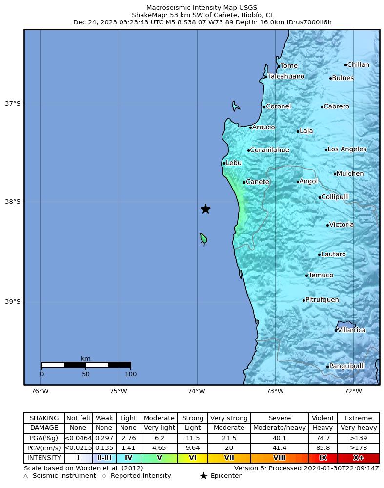 USGS ShakeMap intensity contours for the M5.8 earthquake near 53 km SW of Cañete, Chile