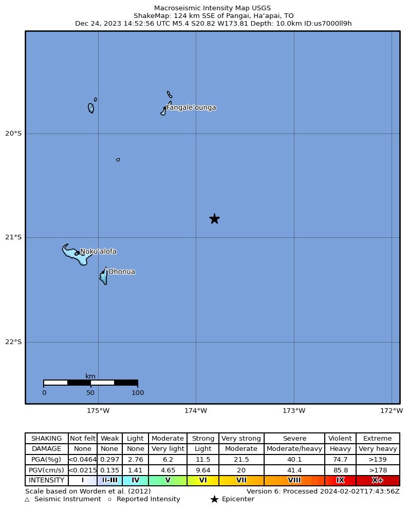 USGS ShakeMap intensity contours for the M5.4 earthquake near 124 km SSE of Pangai, Tonga