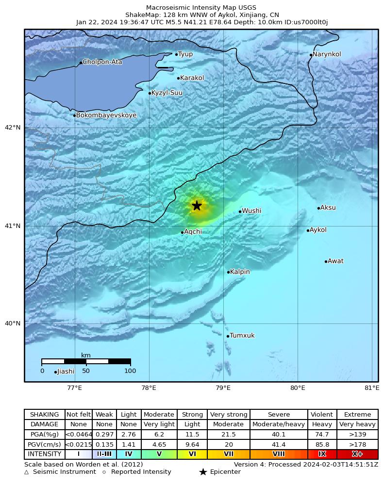 USGS ShakeMap intensity contours for the M5.5 earthquake near 128 km WNW of Aykol, China