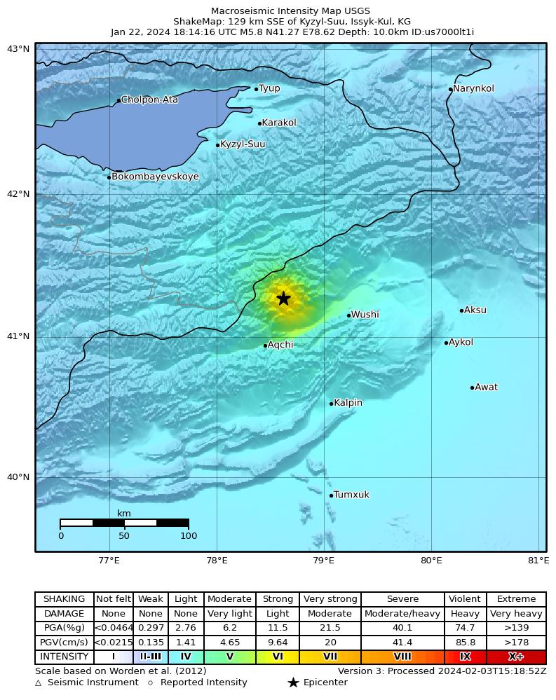 USGS ShakeMap intensity contours for the M5.8 earthquake near 129 km SSE of Kyzyl-Suu, Kyrgyzstan