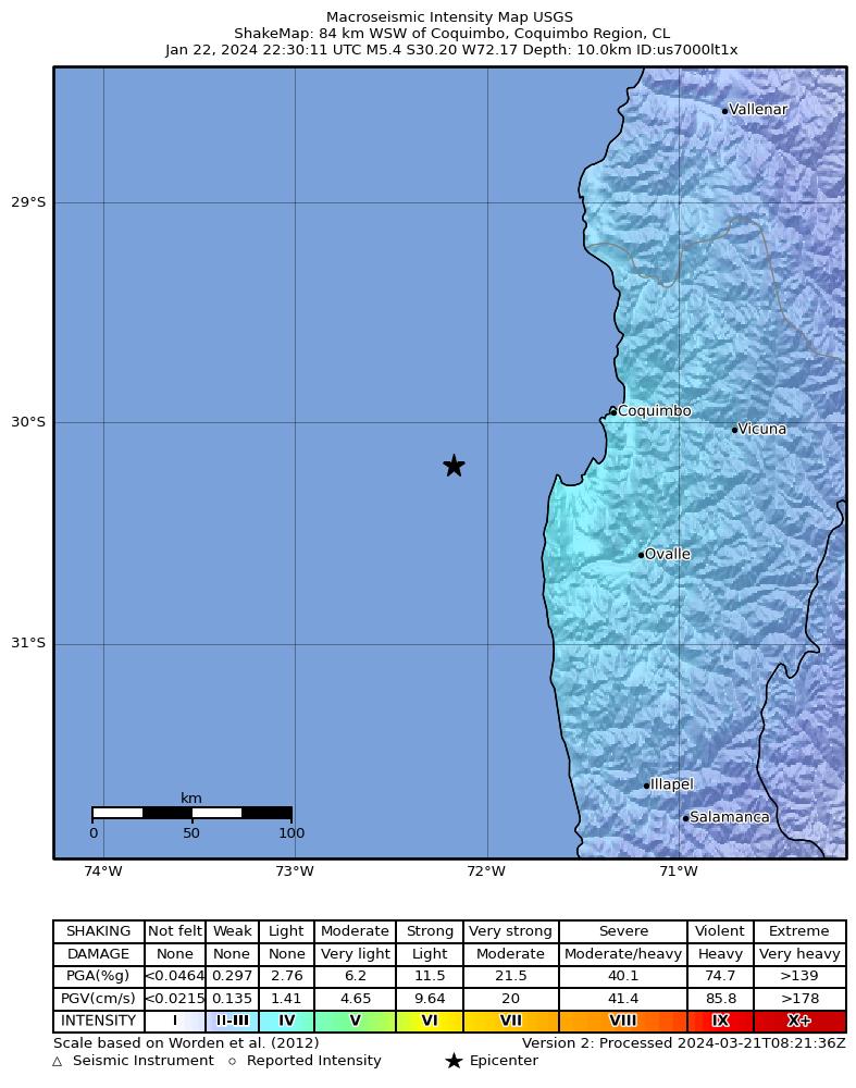 USGS ShakeMap intensity contours for the M5.4 earthquake near 84 km WSW of Coquimbo, Chile