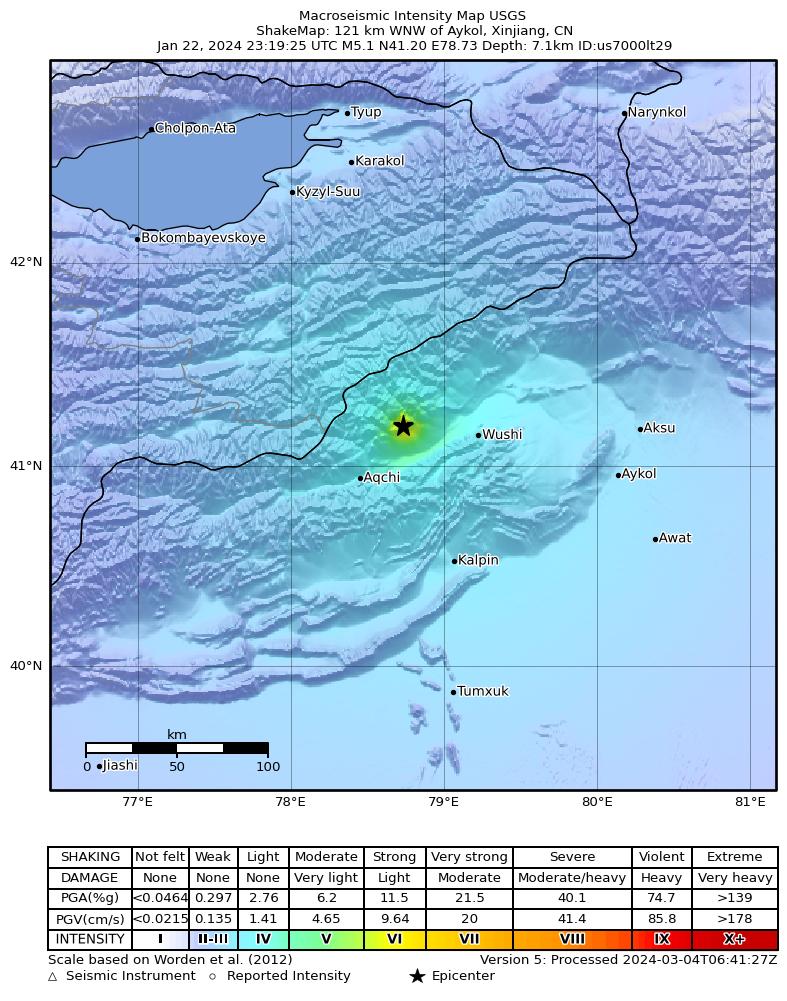 USGS ShakeMap intensity contours for the M5.1 earthquake near 121 km WNW of Aykol, China