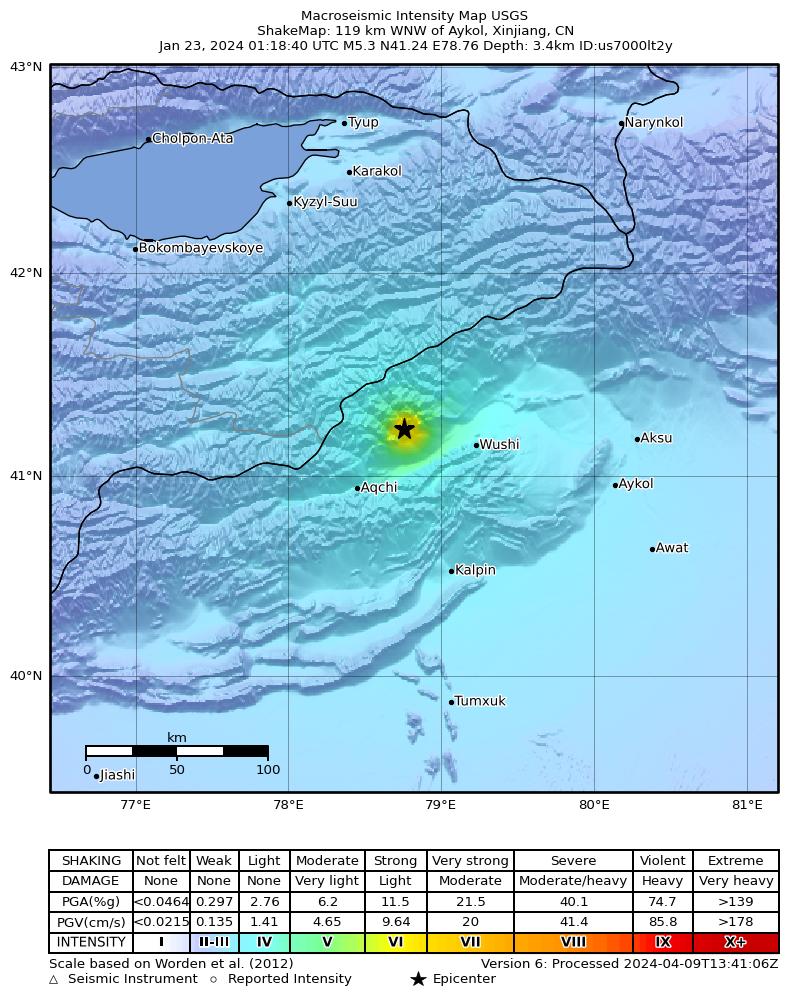 USGS ShakeMap intensity contours for the M5.3 earthquake near 119 km WNW of Aykol, China