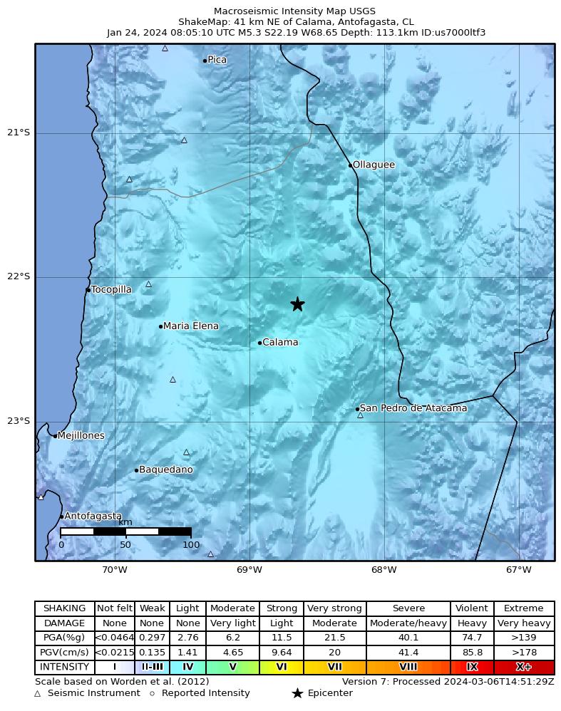 USGS ShakeMap intensity contours for the M5.3 earthquake near 41 km NE of Calama, Chile
