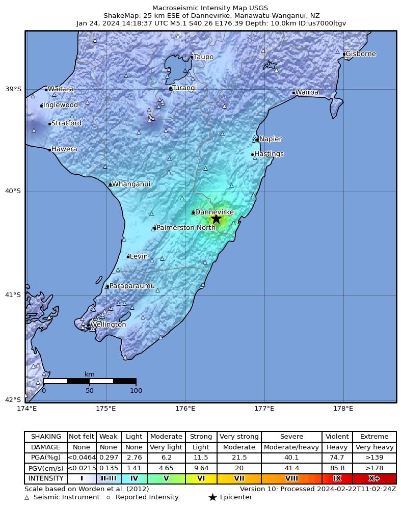 USGS ShakeMap intensity contours for the M5.1 earthquake near 25 km ESE of Dannevirke, New Zealand