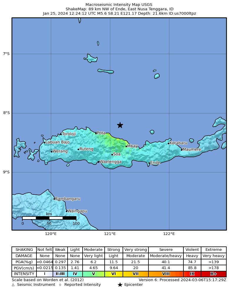 USGS ShakeMap intensity contours for the M5.6 earthquake near 89 km NW of Ende, Indonesia