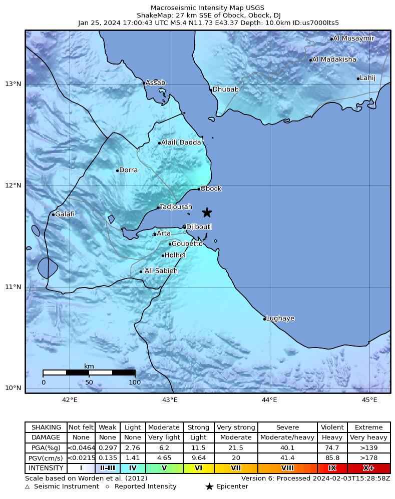 USGS ShakeMap intensity contours for the M5.4 earthquake near 27 km SSE of Obock, Djibouti