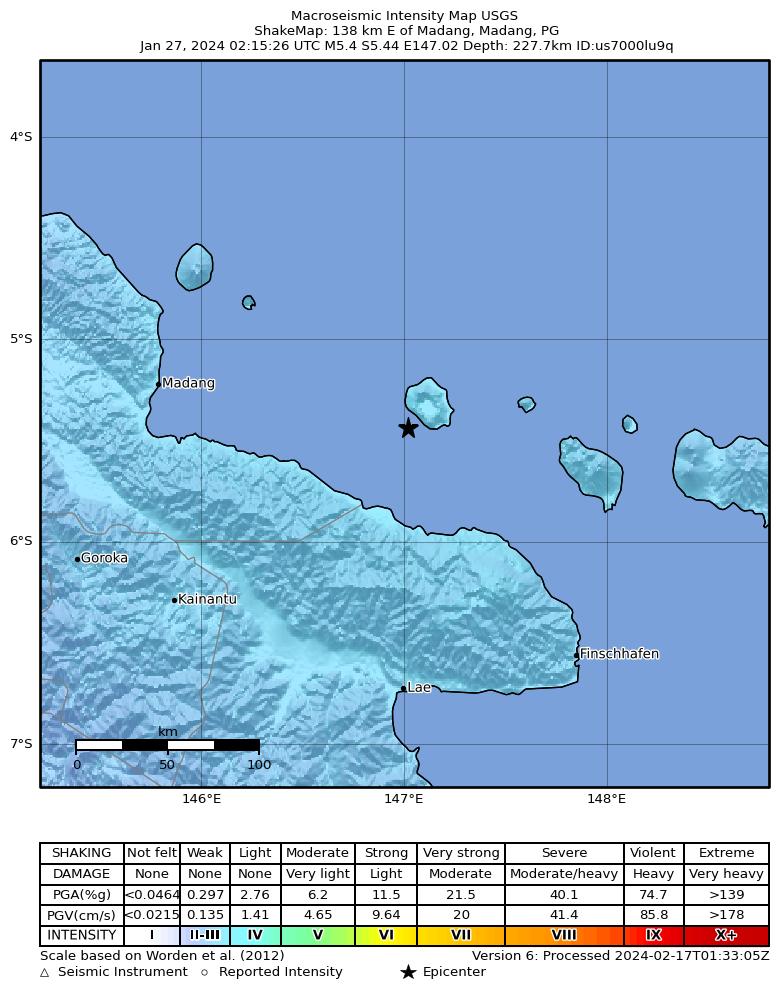 USGS ShakeMap intensity contours for the M5.4 earthquake near 138 km E of Madang, Papua New Guinea