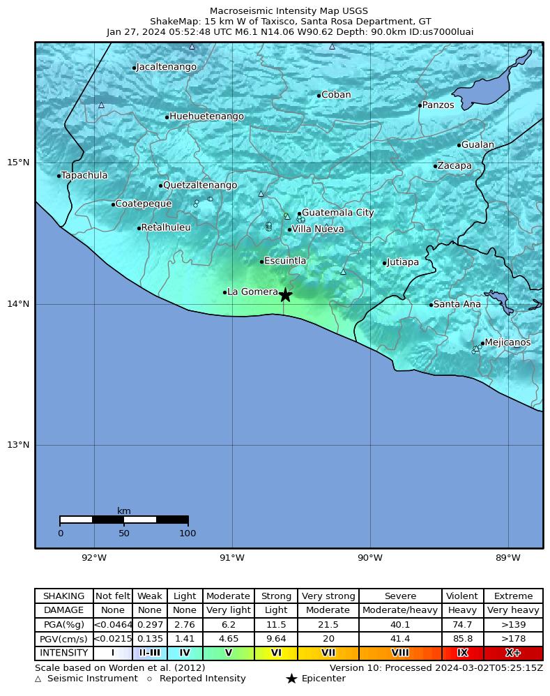 USGS ShakeMap intensity contours for the M6.1 earthquake near 15 km W of Taxisco, Guatemala