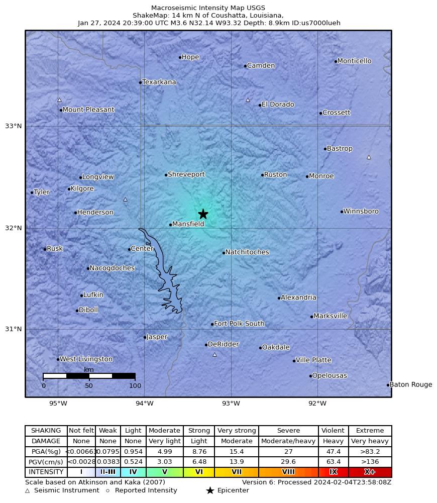 USGS ShakeMap intensity contours for the M3.6 earthquake near 4 km SSW of Hall Summit, Louisiana