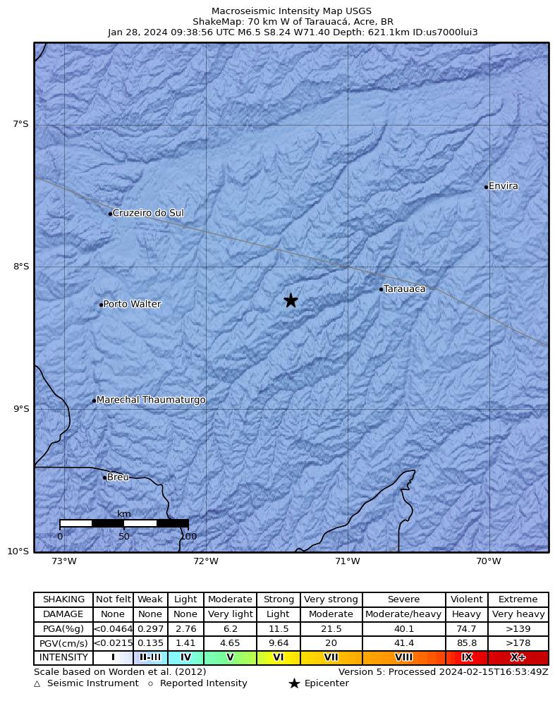 USGS ShakeMap intensity contours for the M6.5 earthquake near 70 km W of Tarauacá, Brazil
