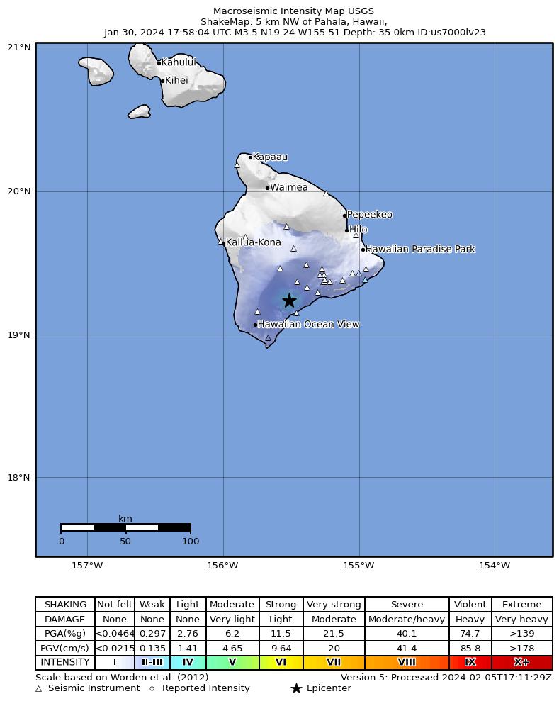USGS ShakeMap intensity contours for the M3.3 earthquake near 1 km SW of Pāhala, Hawaii