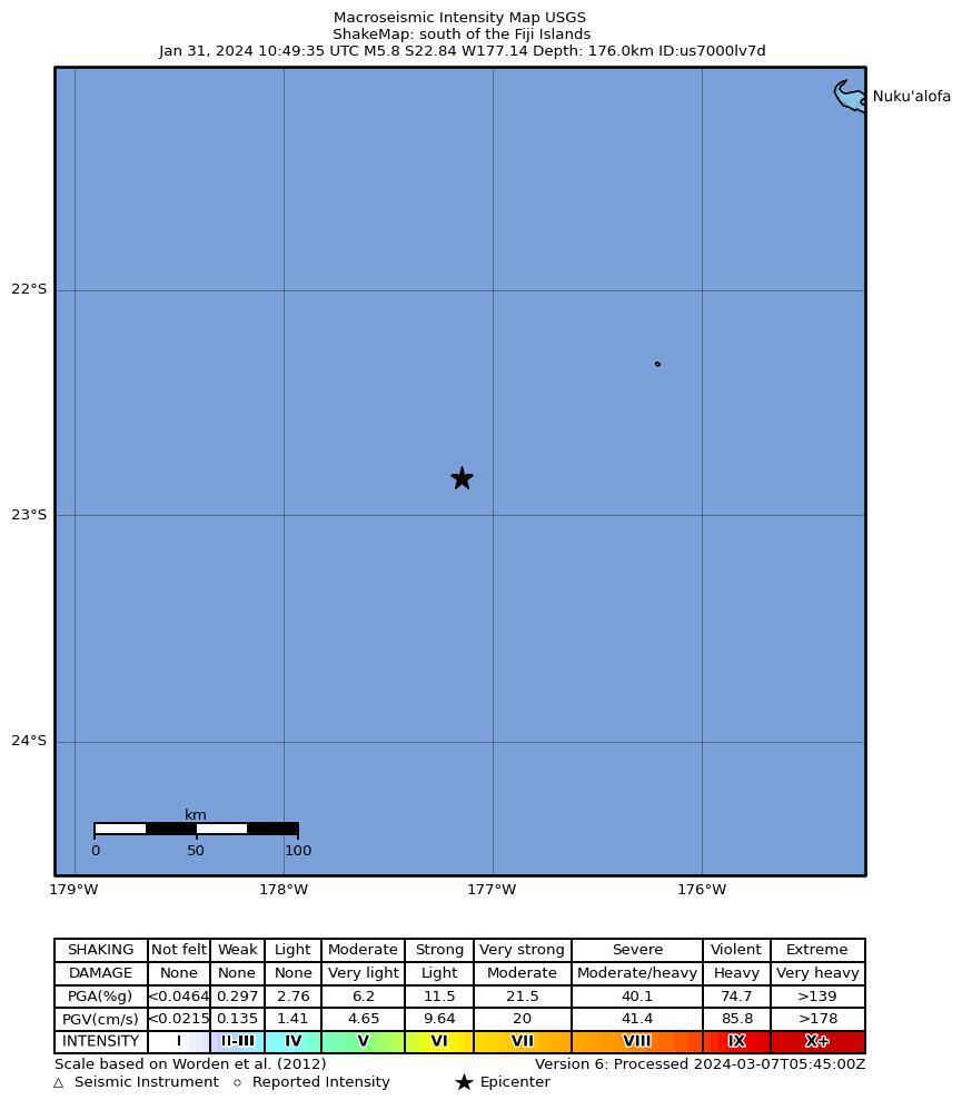 USGS ShakeMap intensity contours for the M5.8 earthquake near 264 km SW of Houma, Tonga