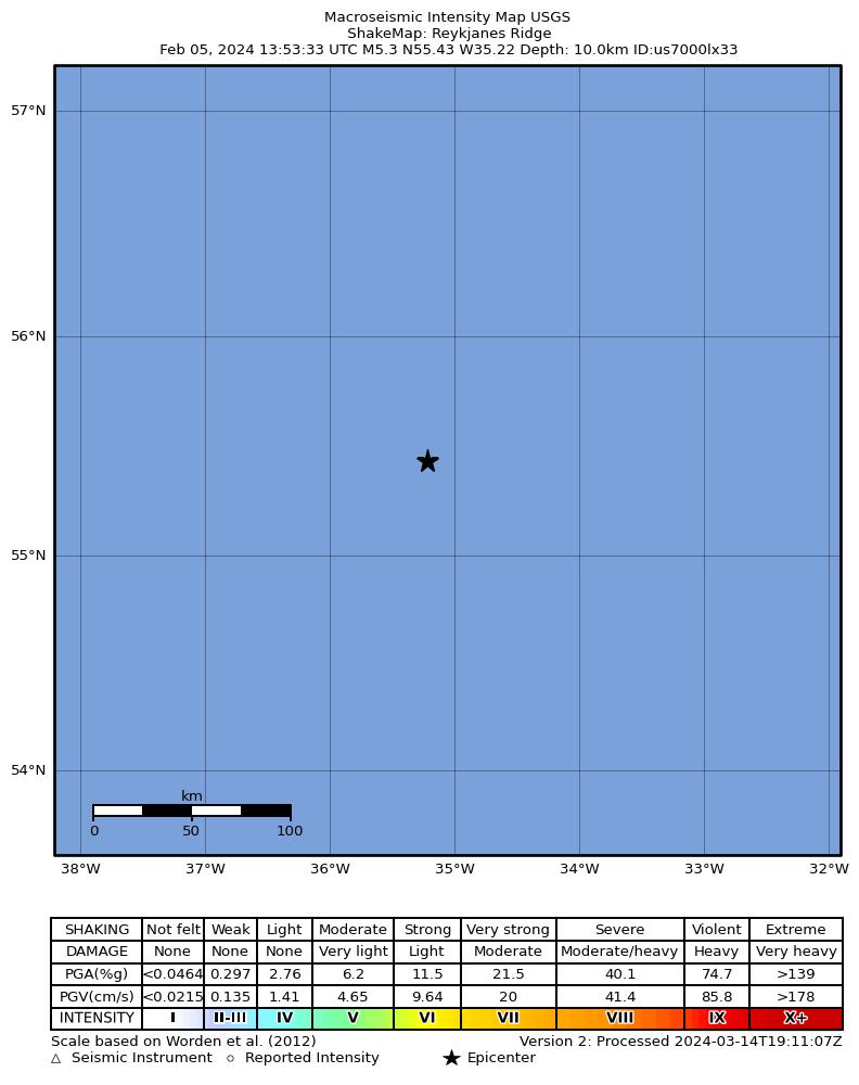 USGS ShakeMap intensity contours for the M5.3 earthquake near Reykjanes Ridge