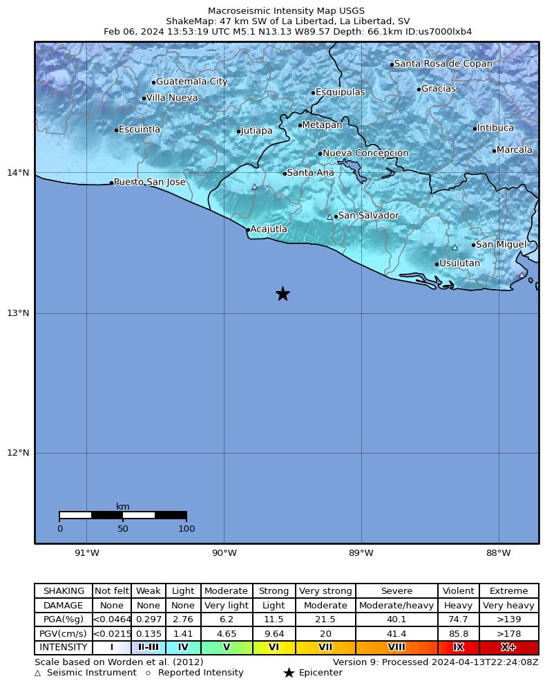 USGS ShakeMap intensity contours for the M5.1 earthquake near 47 km SW of La Libertad, El Salvador