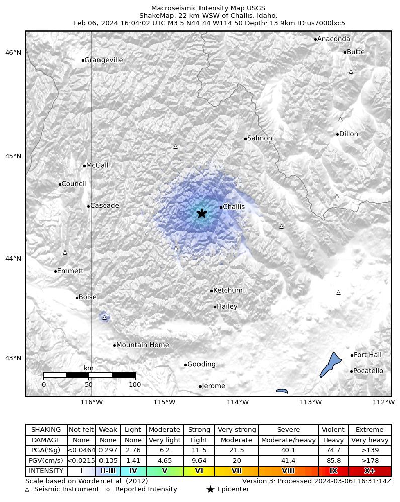 USGS ShakeMap intensity contours for the M3.5 earthquake near 21 km NNW of Clayton, Idaho