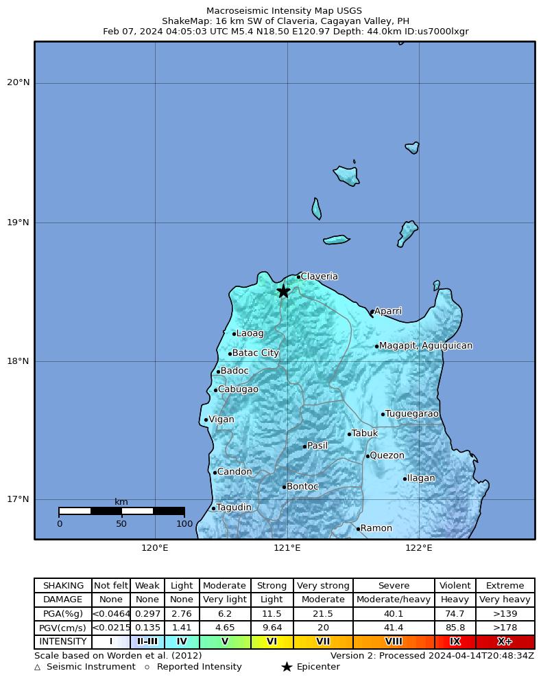 USGS ShakeMap intensity contours for the M5.4 earthquake near 16 km SW of Claveria, Philippines